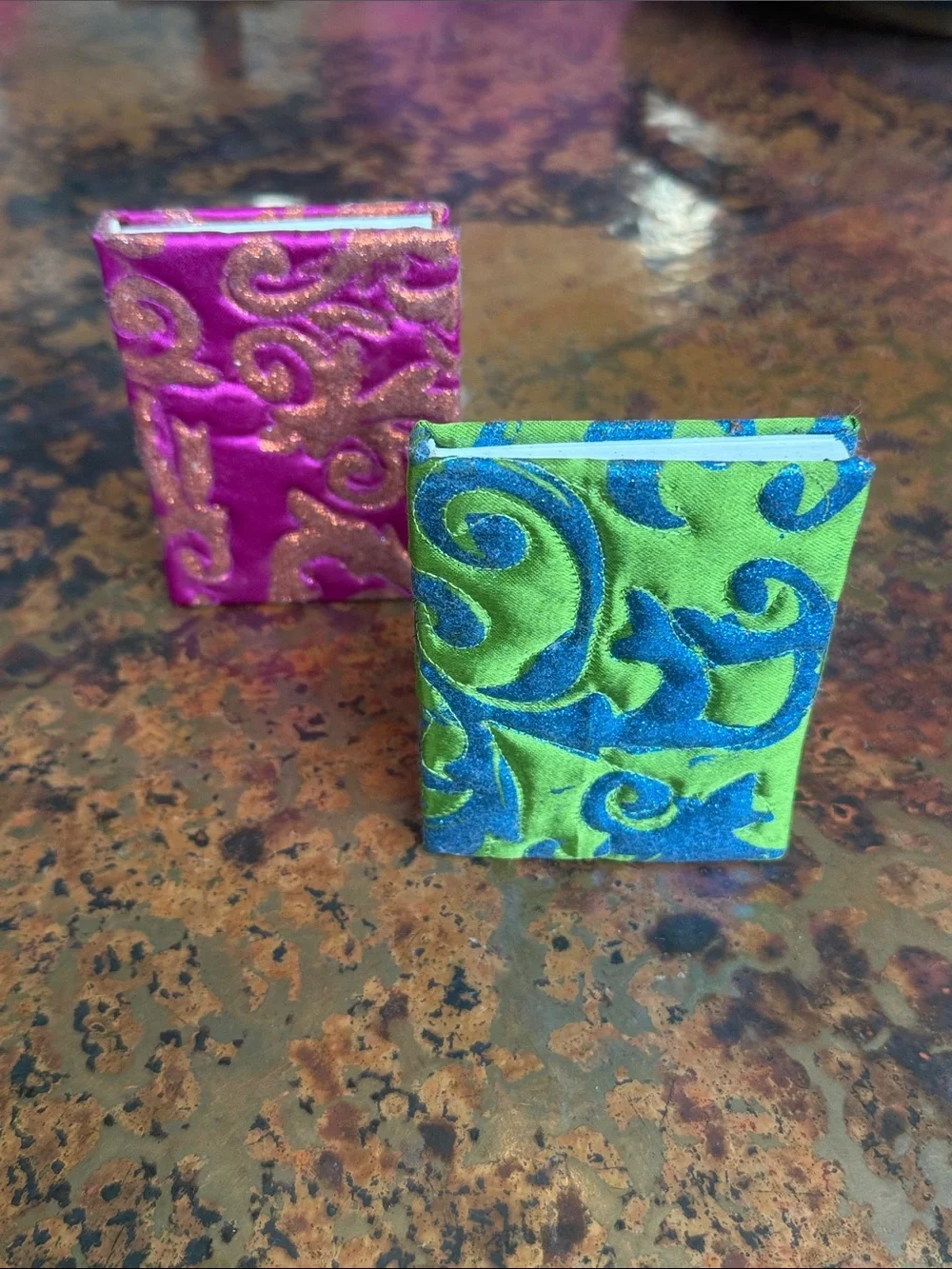 (2) Mini Decorative Satin JournalsLime Green Blue Glitter, Pink Orange Glitter